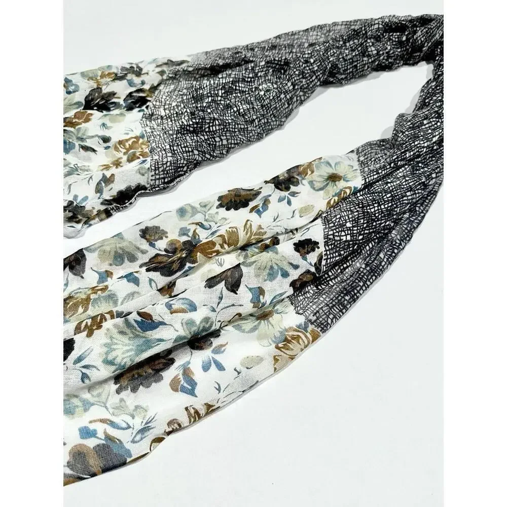 Womens Scarf Floral Theme Blue Black Brown Lightweight Fringe 100% Viscose